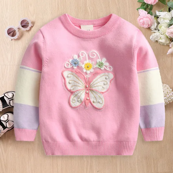 【2Y-8Y】Girl Sweet Butterfly Embroidered Colorblock Round Neck Long Sleeve Sweater - Thefolls.com 