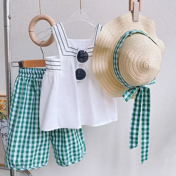 【18M-9Y】3-piece Girls White Top And Green Plaid Pants Set With Hat - 34333 - Thefolls.com 