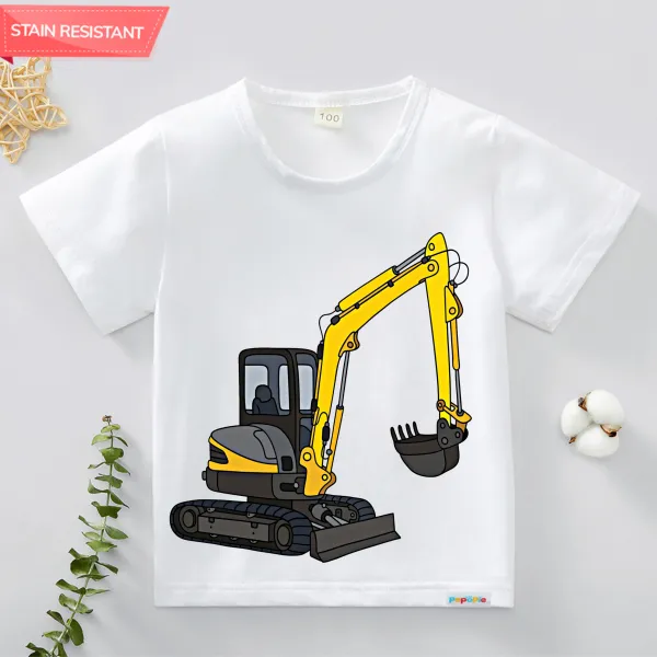 【12M-9Y】Boy Cotton Stain Resistant Excavator Print Short Sleeve Tee - Thefolls.com 