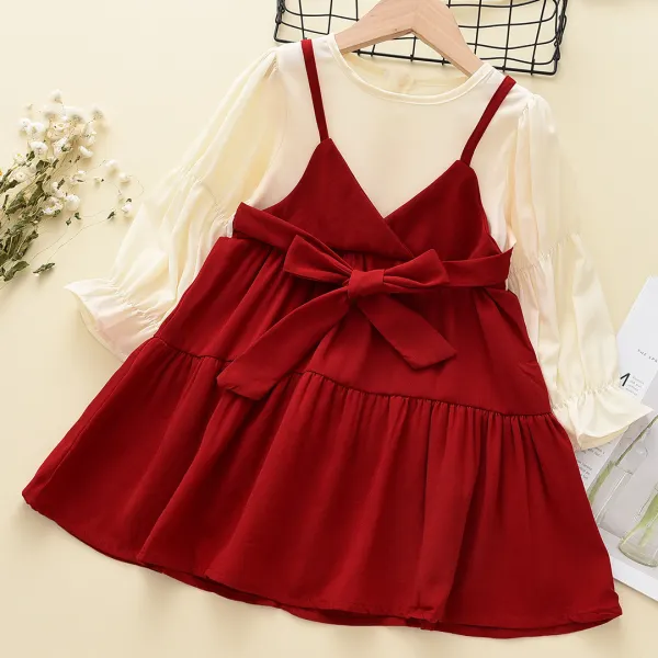 【18M-10Y】Girls Sweet Fake Two Pieces Halter Long Sleeve Dress - Thefolls.com 