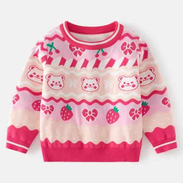 【2Y-8Y】Girls Pink Strawberry Bear Pattern Round Neck Long Sleeve Sweater - Thefolls.com 