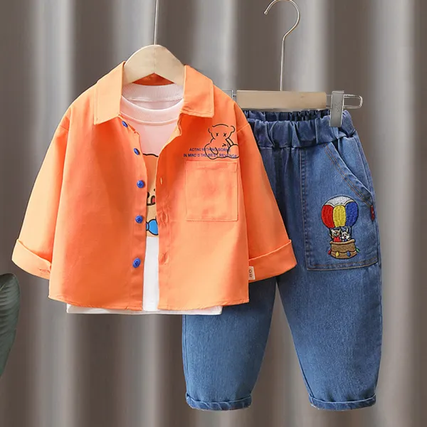 【12M-5Y】3-piece Boy Casual Cartoon Bear Long Sleeve T-shirt Lapel Shirt Jacket And Jeans Set - Thefolls.com 