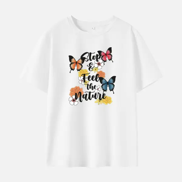 Women Cotton Stain Resistant Butterfly Print Short Sleeve Tee - Thefolls.com 