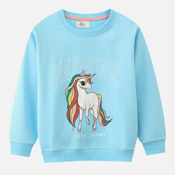 【18M-7Y】Girls Blue Unicorn Print Round Neck Long Sleeve Sweatshirt - Thefolls.com 