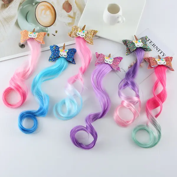 Girls Cute Unicorn Hair Clips Gradient Color Wig - Thefolls.com 