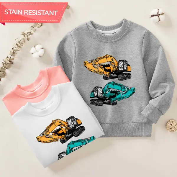 【12M-9Y】Boys Cotton Stain Resistant Excavator Print Long Sleeve Sweatshirt - Thefolls.com 