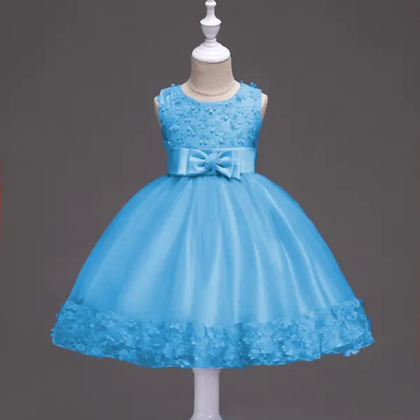 【12M-13Y】Girls V Neck Bowknot Lace Layered Sleeveless Princess Dress - 3606 - Thefolls.com 