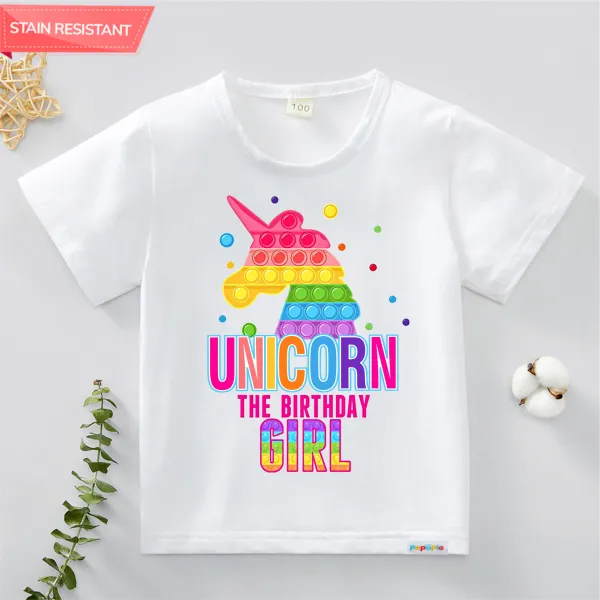 【12M-9Y】Girl Cute Cotton Stain Resistant Unicorn Letter Print Short Sleeve T-shirt - Thefolls.com 