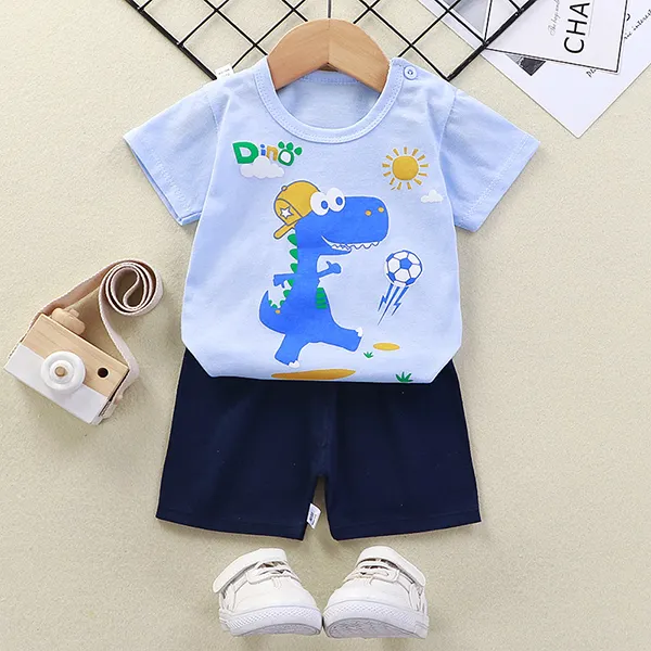 【12M-6Y】2-piece Boy Cotton Excavator Shark Cartoon Print Short Sleeve T-shirt And Shorts Set - Thefolls.com 