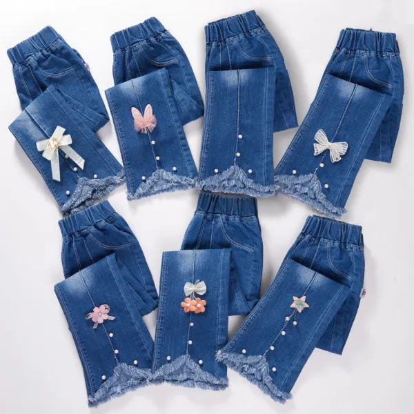 【2Y-13Y】Girl Fashion Flowers And Beads Blue Jeans - Thefolls.com 