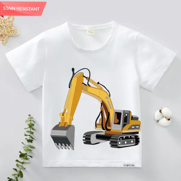 【12M-9Y】Boy Cotton Stain Resistant Excavator Print Short Sleeve Tee - Thefolls.com 