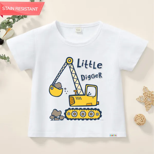 【12M-9Y】Boy Cute Cotton Stain Resistant Excavator Letter Print Short Sleeve Tee - Thefolls.com 