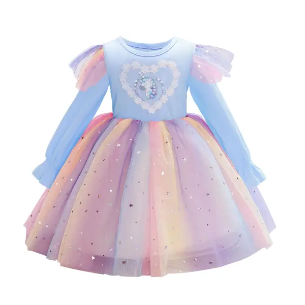 【2Y-10Y】 Girls Sweet Unicorn Print Colorful Mesh Princess Dress - 33224 - Thefolls.com 