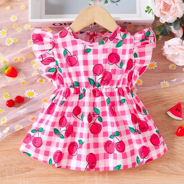 【6M-5Y】Girl Cute Plaid Cherry Print Ruffle Sleeveless Top - Thefolls.com 