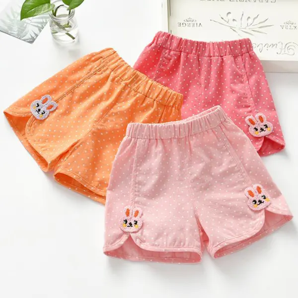 【12M-10Y】Girls Sweet Bunny Embroidered Polka Dot Print Shorts - Thefolls.com 