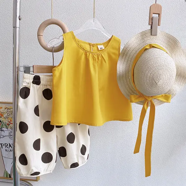 【18M-9Y】3-piece Girls Yellow Top And Polka Dot Pants Set With Hat - 34355 - Thefolls.com 