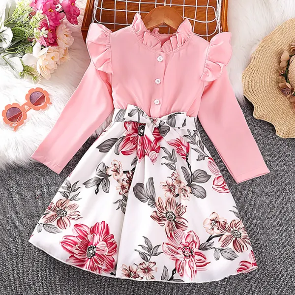 【3Y-7Y】Girls Fashion Floral Print Fake Two Pieces Long Sleeve Dress - Thefolls.com 