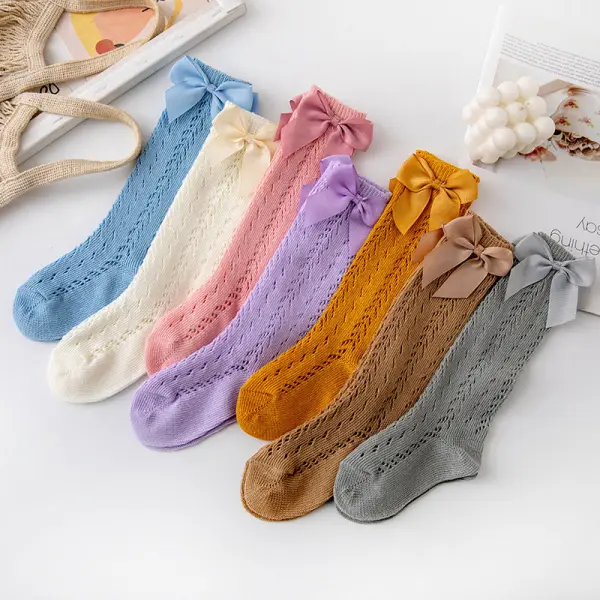 【0Y-7Y】Girls Multicolor Bow Hollow Cotton Socks - Thefolls.com 