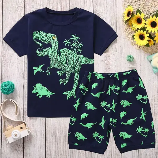 【18M-7Y】2-piece Boys Navy Dinosaur Print Short-sleeved T-shirt And Shorts Set - Thefolls.com 