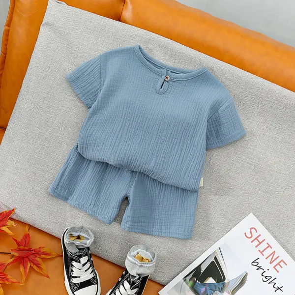 【12M-5Y】Boy Casual Cotton&Linen Solid Color Round Neck Short Sleeve Top And Shorts Set - Thefolls.com 