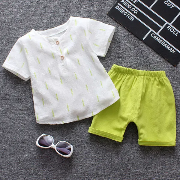 【12M-5Y】2-piece Boys Casual Cotton&Linen Leaf Print Round Neck Short Sleeve Shirt And Shorts Set - Thefolls.com 