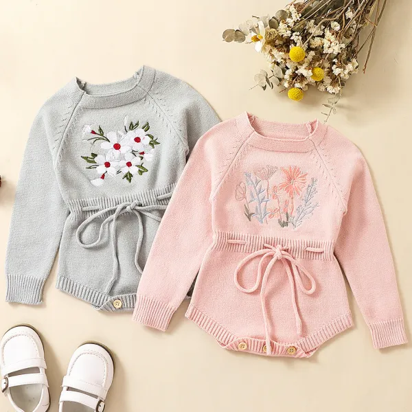 【6M-3Y】Baby Girl Cute Flower Embroidery Long-sleeved Sweater Rompers - Thefolls.com 