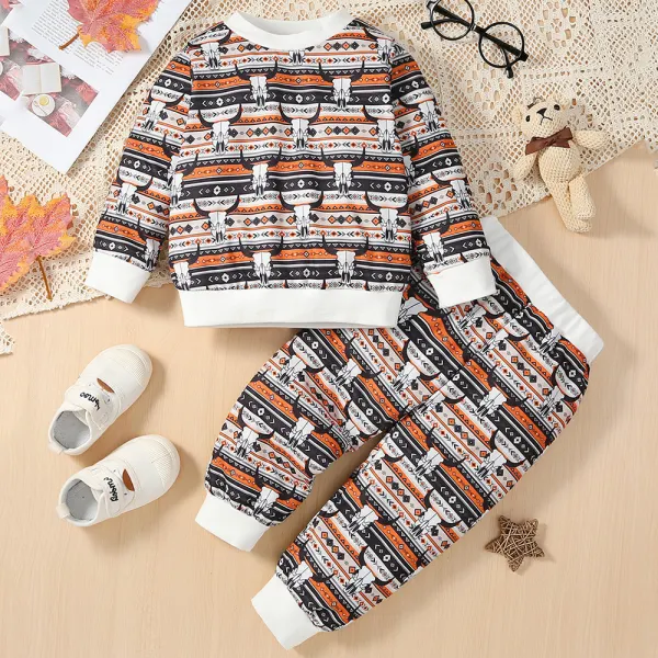 【18M-6Y】2-piece Boys Cow Print Round Neck Long-sleeved Sweatshirt And Pants Set - Thefolls.com 