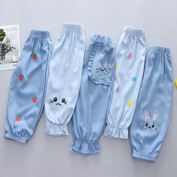 【12M-7Y】Girl Cute Cartoon Bunny And Fruit Print Blue Comfortable Jeans - Thefolls.com 