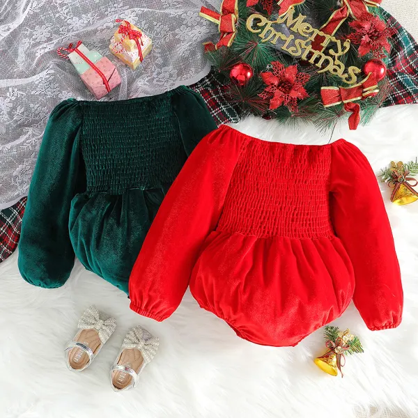 【0M-24M】Girl Cute Festive Solid Color Velvet One-shoulder Puff Sleeve Triangle Romper - Thefolls.com 