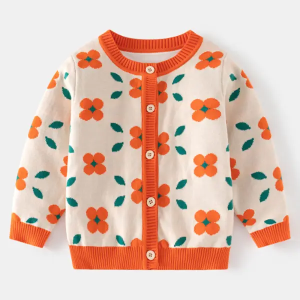 【2Y-8Y】Girls Orange Floral Long Sleeve Sweater Cardigan - Thefolls.com 