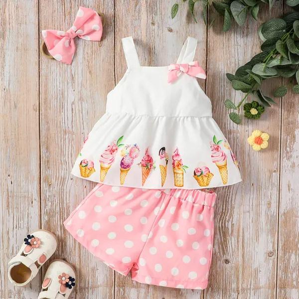 【6M-3Y】3-piece Baby Girls Cute Dessert Print Top And Polka Dot Shorts Set With Bow Hair Tie - Thefolls.com 