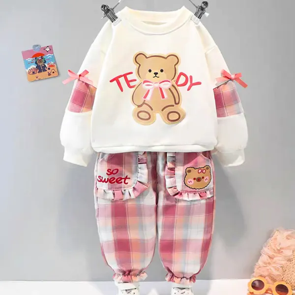 【12M-5Y】2-piece Girls Cute Bear And Letter Print Round Neck Long Sleeve Sweatshirt And Plaid Pants Set - Delovelybug.com 