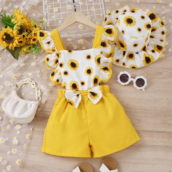 【3Y-7Y】Girl Cute Vacation Sunflower Print Ruffle Backless Jumpsuit With Hat - Thefolls.com 