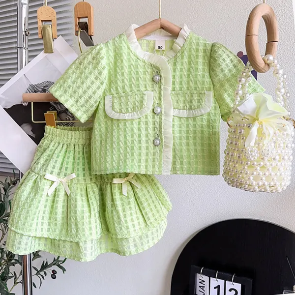 【18M-9Y】Girl Sweet Elegant Green Jacquard Ruffle ColorBlock Short Sleeve Top And Layered Skirt Set - Thefolls.com 