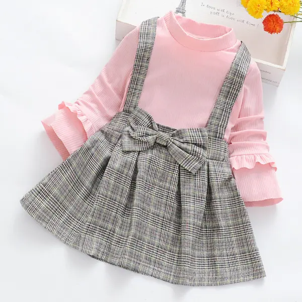 【18M-7Y】Girls Band Collar Long Sleeved Knitted T-shirt and Plaid Suspender Skirt Set - 34213 - Thefolls.com 