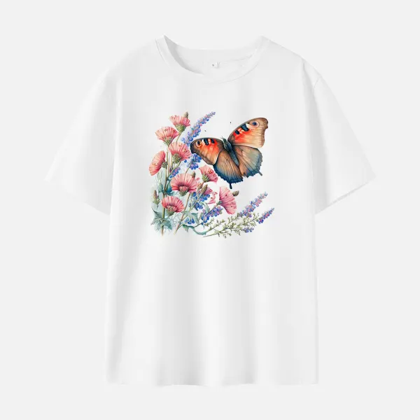 Women Cotton Stain Resistant Butterfly Print Short Sleeve Tee - Thefolls.com 