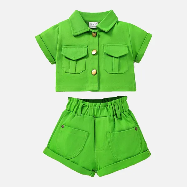 【2Y-7Y】Girl Fashion Solid Color Cargo Short Sleeve Top And Shorts Set - 34343 - Thefolls.com 