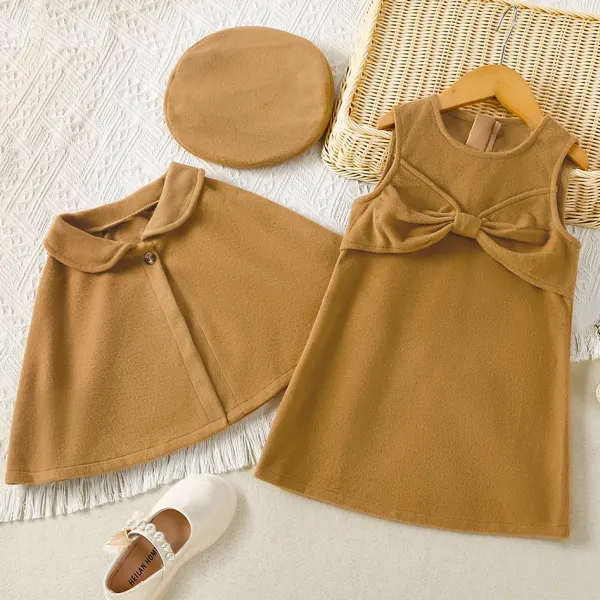 【18M-6Y】3-piece Girls Elegant Bow Dress Also Poncho Set With Hat - Thefolls.com 