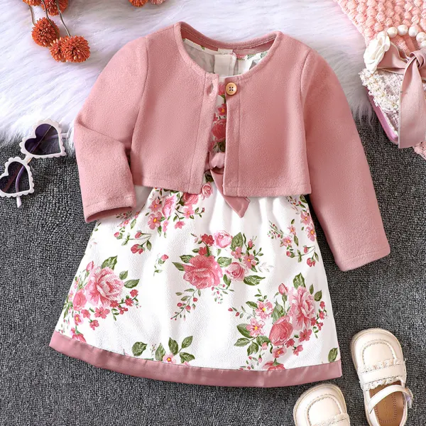 【6M-3Y】2-piece Baby Girl Sweet Floral Sleeveless Dress And Pink Long Sleeve Coat Set - Thefolls.com 