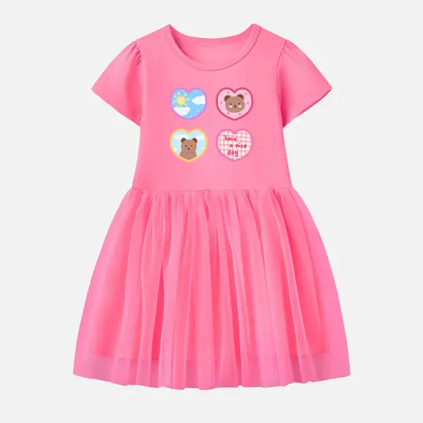 【12M-7Y】Girl Cotton Stain Resistant Heart Bear Print Splicing Tulle Short Sleeve Dress - Thefolls.com 