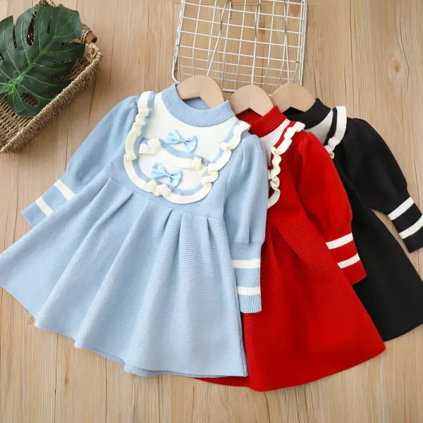 【18M-6Y】Girls Sweet Bow And Ruffle Decorated Puffy Sleeve Sweater Dress - Thefolls.com 