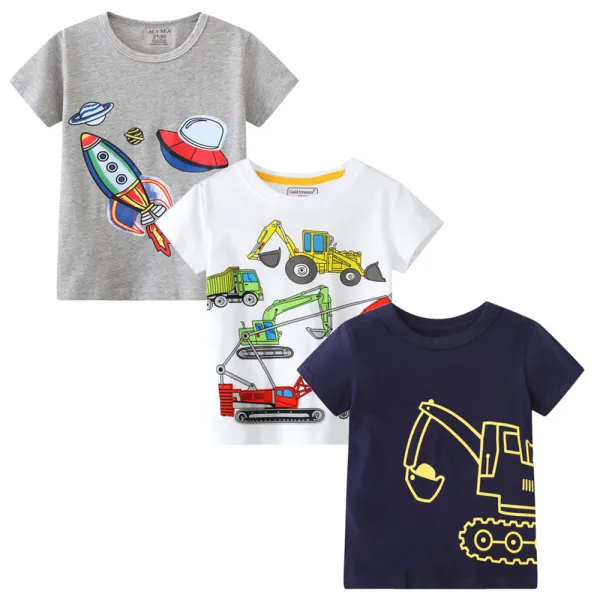 【18M-8Y】3-piece Boy Cotton Excavator Print Short Sleeve T-shirt - Thefolls.com 