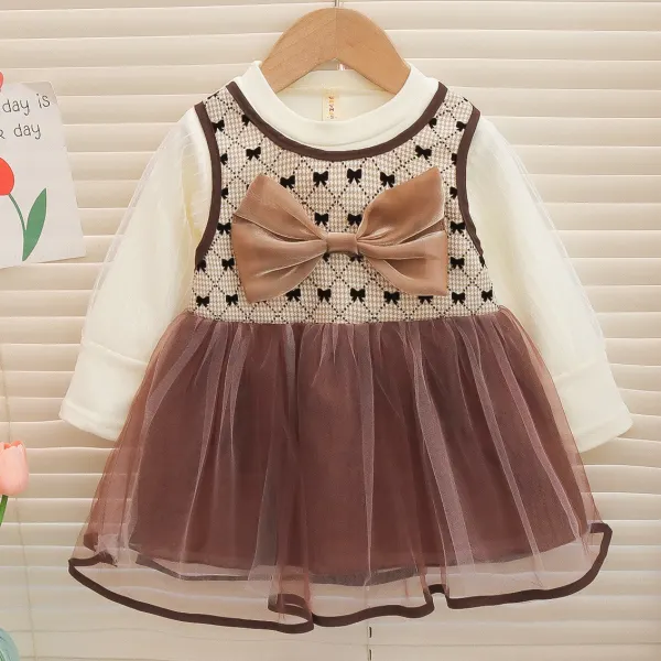 【12M-4Y】Girls Cute Bow Fake Two Pieces Long-sleeved Dress - Thefolls.com 