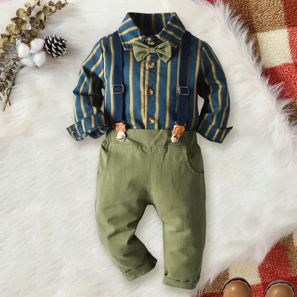 【6M-6Y】4-piece Boys Stylish Striped Long Sleeve Shirt And Pants Set With Strap And Bow Tie - Thefolls.com 