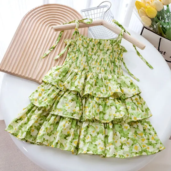 【18M-8Y】Girl Sweet Green Floral Print Ruffle Suspender Cake Dress - Delovelybug.com 