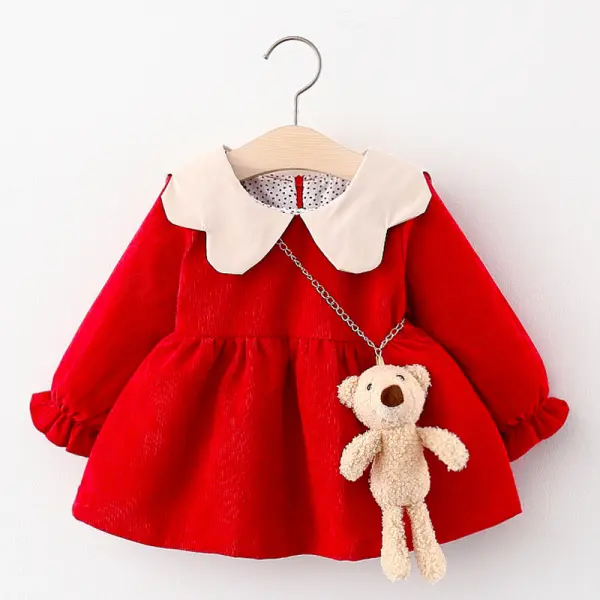 【12M-4Y】Girls Bear Decoration Long-sleeved Dress - Thefolls.com 