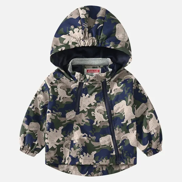 【18M-8Y】Boys Dinosaur Print Double Zipper Hooded Jacket - Thefolls.com 