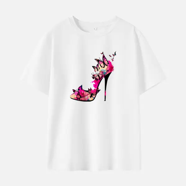 Women Cotton Stain Resistant Butterfly Print Short Sleeve Tee - Thefolls.com 