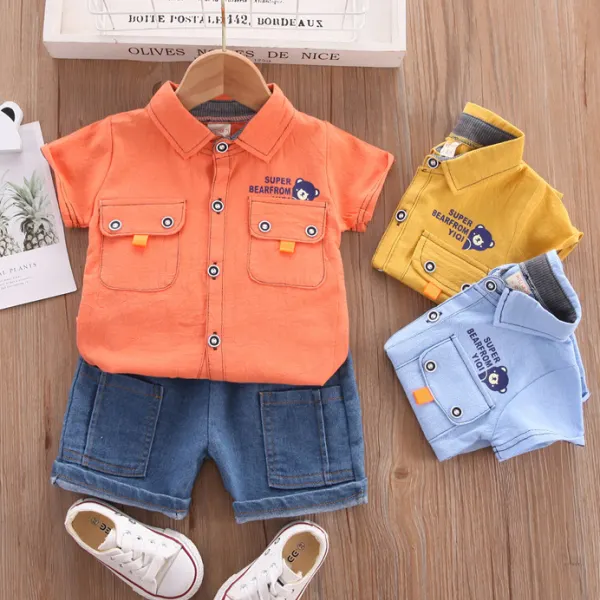 【12M-4Y】2-piece Boys Casual Short-sleeved Shirt And Blue Denim Shorts Set - Thefolls.com 