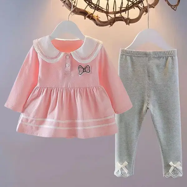 【2Y-8Y】2-piece Girls Bow Embroidered Long Sleeve T-shirt And Leggings Set - Thefolls.com 